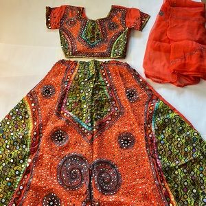 Indian 3 piece set top skirt scarf ethnic ware orange green purple sequins woman